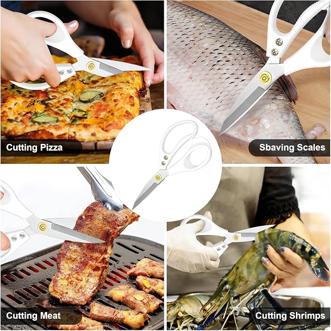 All Purpose Kitchen Scissors, Kitchen Shears Heavy Duty - Dishwasher Safe Food Scissors- Multipurpose Cooking Shears for Meat Poultry Food, Herbs, and Fish, Comfort Grip Handles, White