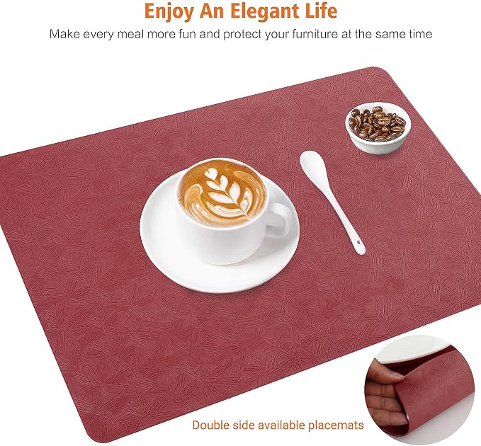Red Vinyl Placemats Set of 4 Waterproof Wipeable Table Mats | Heat Resistant Easy Clean Place Mats Faux Leather Table Mats Washable PVC Table Placemats for Dining Table