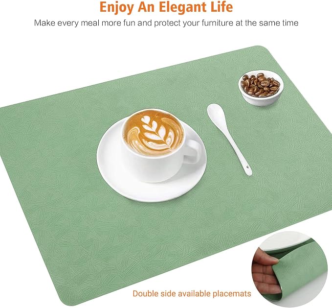 Green Vinyl Placemats Set of 6 Waterproof Wipeable Table Mats | Heat Resistant Easy Clean Place Mats Faux Leather Table Mats Washable PVC Table Placemats for Dining Table
