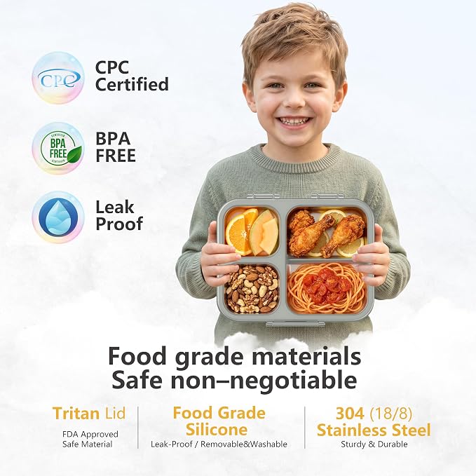 LOHASOK Stainless Steel Bento Lunch Box, 34oz/1000ml,Gray | 3-Compartment, Leak Proof, Lightweight, Clear Plastic Lid, for Kids Adults, BPA/BPS Free, Dishwasher Safe