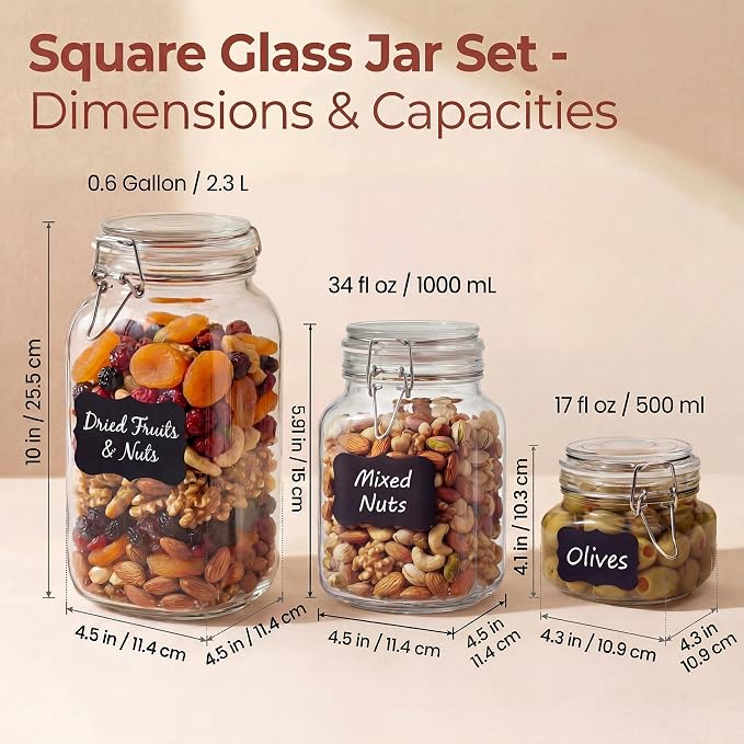 Square Glass Jars with Airtight Lids, Mason Jar with Clamp Lids Multi 5Pack | Air Tight Glass Food Storage Containers with Lids Keep Food Dry & Fresh, Best Canister for Flour, Sugar, Cereal, Rice, Coffee