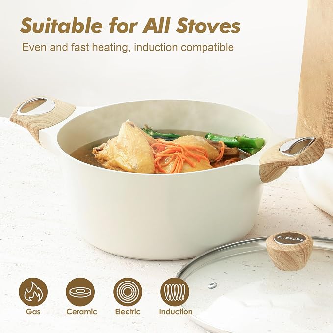 SENSARTE Ceramic Nonstick Stock Pot with Lid, 2.6+4.5 QT Soup Pot Set Casserole Pot, Non-toxic Healthy Pasta Pot, Large Cooking Pot Stew Pot, Induction Compatible, PFOA PFAS PTFE Free, White