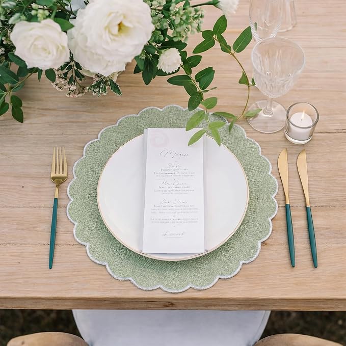 Set of 6 Sage Green Cotton Placemats 15" Round Scalloped White | Double Layered Cotton Fabric, Washable Embroidery, White Edge Edge, Rustic Table Mats for Wedding Dining Table Decor
