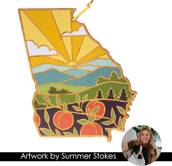Totally Bamboo Georgia State Shaped Cutting Board, Summer Stokes Art | State charcuterie board with colorful hand-drawn landscape art. Smooth reverse side for food prep. Hang tie for wall display.