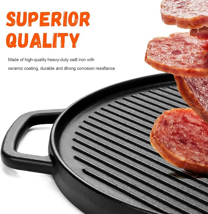 GGC Reversible Cast Iron Griddle for Stove Top, 14" Round Griddle Pan | Double Sided Griddle Plate Perfect for Gas Grills and Outdoor Cooking, Baking Flat and Ribbed Grill Griddle