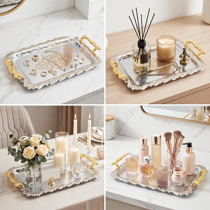 3 Pack Metal Serving Trays with Handles, Decorative Floral Platter Trays for Coffee Tea, Food, Dessert, Jewelry, for Buffet Wedding Party Kitchen Home Decor(Classic,Silver, Gold)