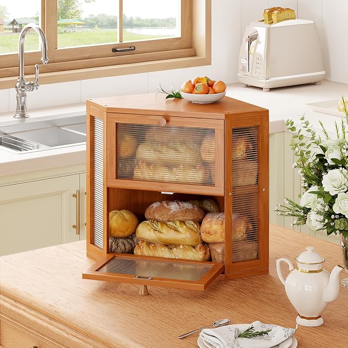 WOWLIVE Double Layer Corner Bread Box for Kitchen Countertop with 2 Doors | Bamboo Bread Storage Container, Large Farmhouse Breadbox with Acrylic Wavy Door, Under Cabinet Organizer, Caramel, Medium
