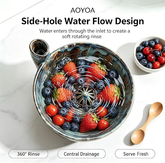 Self Spinning Ceramic Berry Washing Bowl with Drain Holes, 7'' Kitchen Fruit Washer Spinner Bowl with 10pcs Sponges (A-Blue)