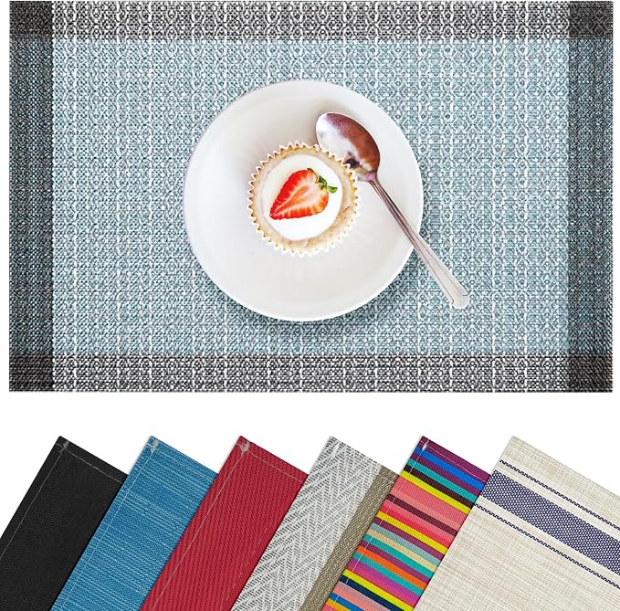 Blue Grey Placemats Set of 4, 12x18 Inch Faux Linen Table Mats | Heat Resistant and Washable Design, Easy to Clean Surface for Dining Rooms, Kitchens, Outdoor Parties and Everyday Home Decor