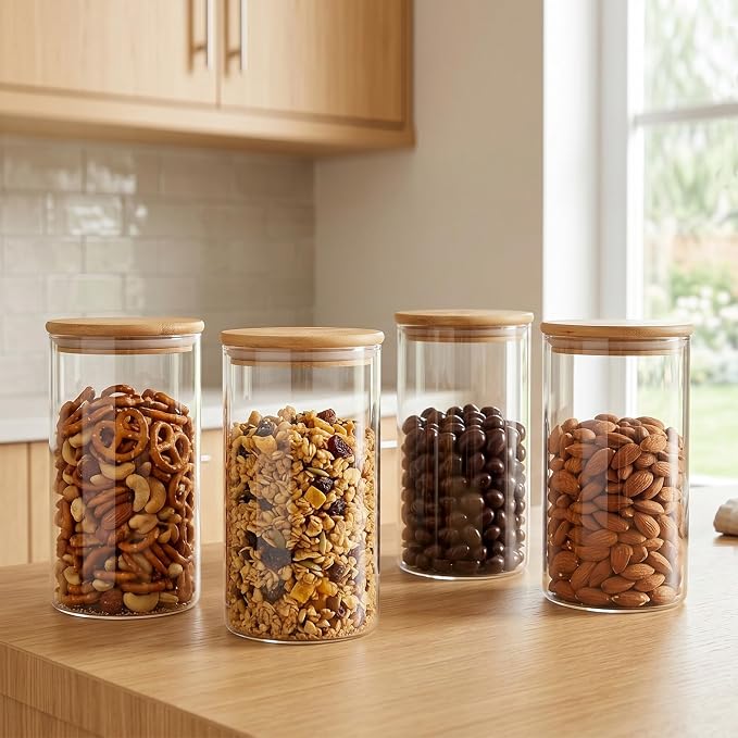 4-Pack Glass Storage Jars with Bamboo Lids, 1200ml Airtight Food Storage Containers, Clear Pantry Organizers and Storage Canisters Set for Cereal, Snack, Candy, Kitchen