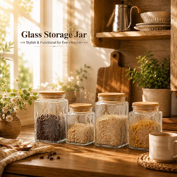 Glass Storage Jars With Airtight Lid, 35oz Canister For Kitchen Counter with Bamboo Lid, brown sugar, candy, coffee, cookie, salt, tea,pantry cute Jar (Large Square Sunflower)
