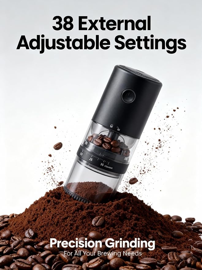 LAMIDO Portable Electric Burr Coffee Grinder - Grind While Charging - Visual Bean Hopper - 38 External Grind Settings - 1.8X Faster Grinding - 2000 mAh Battery for Travel, Camping (Matte Black, E96T)