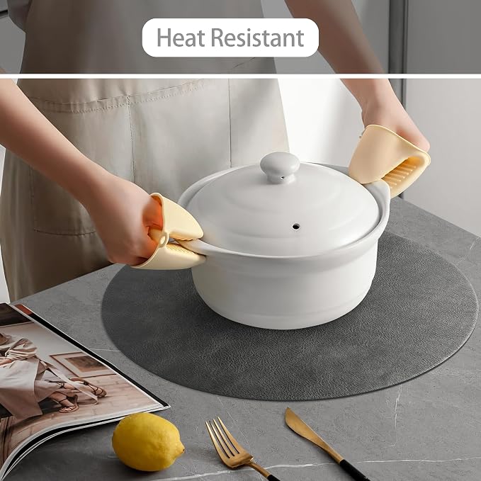 UnivoColors Placemats Round Faux Leather Placemats Set of 8-Waterproof-Wipe Clean-Heat Resistant-Anti Slip Dining Table Place Mats,Suitable for Indoor & Outdoor Use,15".Retro Dark Gray