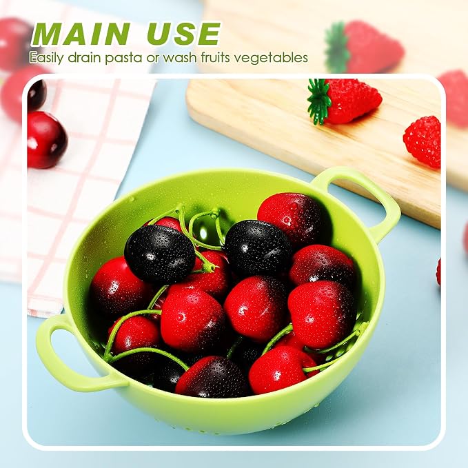 4 Pack Mini Colander for Kitchen Plastic Berry Strainer with Double Handles 7.5 x 6 x 3 Inch Small Colander Strainer for Fruits Vegetables Food (Lemon Yellow,Green,Purple,Red)