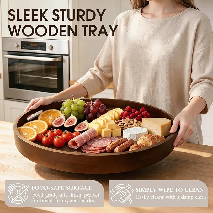 Extra Large Ottoman Tray, 24" Round Black Walnut Wood Serving Tray | Farmhouse Wooden Decorative Tray with Handles, Oversized Coffee Table Tray, Serving Platter Tray for Living Room, Countertop