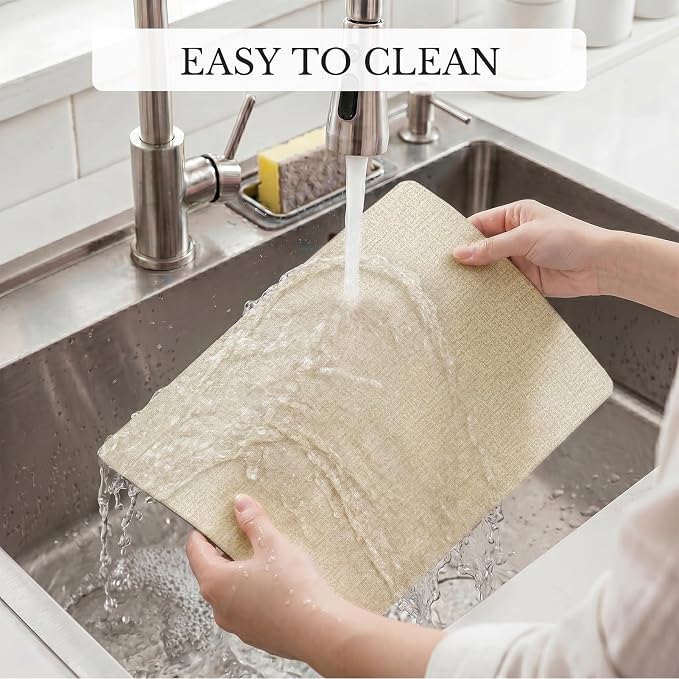 Romanstile Vinyl Placemats Set of 8, Reversible Faux Leather Heat Resistant Wipeable Table Mats, Waterproof Washable Non-Slip Table Placemats for Dining/Kitchen/Party/Outdoor (Black Beige, 12" x 17")