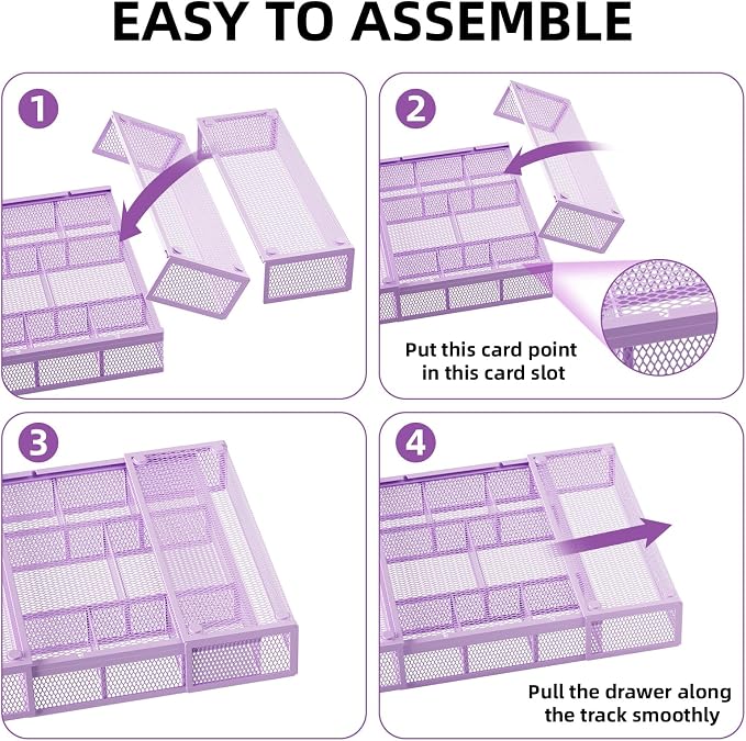 Marbrasse Expandable Desk Drawer Organizer, Mesh Drawer Organizer Tray with 10 Adjustable Compartments, Desk Organizers and Accessories for Office Supplies, Makeup & Vanity (Expandable-Purple)