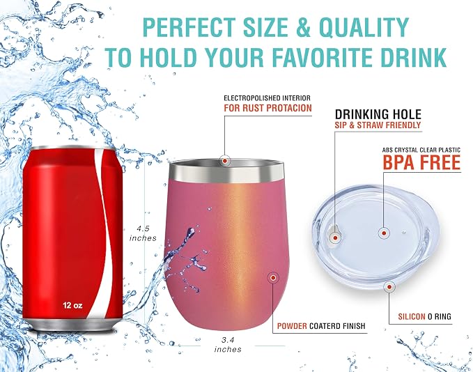 CHILLOUT LIFE 12 oz Stainless Steel Tumbler with Lid & Gift Box - Wine Tumbler Double Wall Vacuum Insulated Travel Tumbler Cup for Coffee, Wine, Cocktails, Ice Cream - PINK SPARKLE
