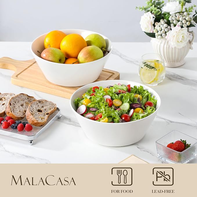 MALACASA 105 OZ Large Serving Bowls Ceramic Salad Soup Bowls Set of 2 | Deep Bowls for Kitchen, Family & Entertaining Salad, Soup, Pho, Fruit, Microwave & Dishwasher Safe, Series REGULAR