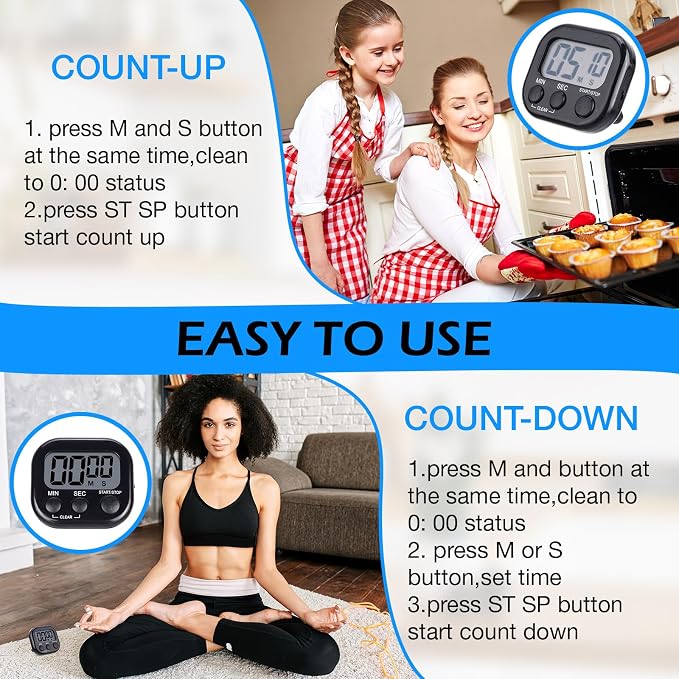 Leumoi 24 Pack Multi-Function Digital Timers with Magnetic Back, Large LCD Display, Loud Alarm, Count up & Countdown, Memory Function for Cooking, Classroom, Study, Exercise & Work(Black)