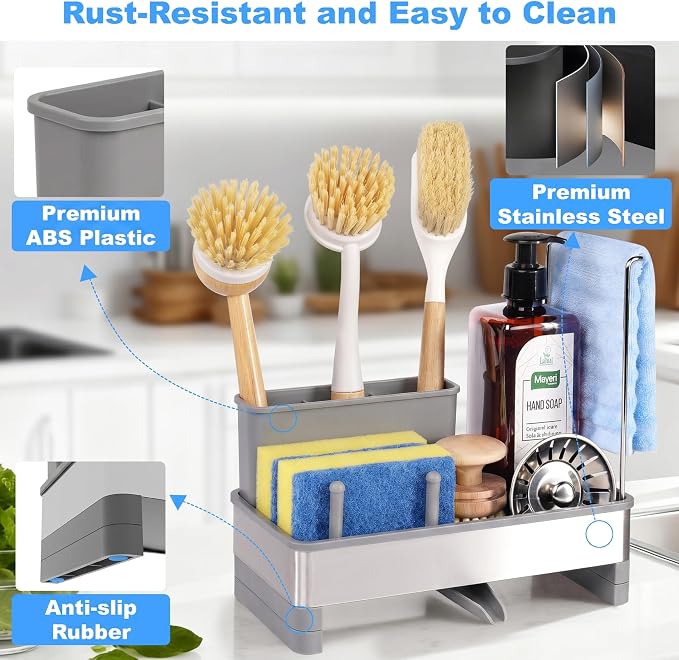 Sponge Holder for Kitchen Sink Caddy Organizer, Dish Brush Holder | Stainless Steel Sponge Caddy for Kitchen Countertop Organizer, Rustproof Dish Soap and Sponge Rack with Dishcloth Drying Rack
