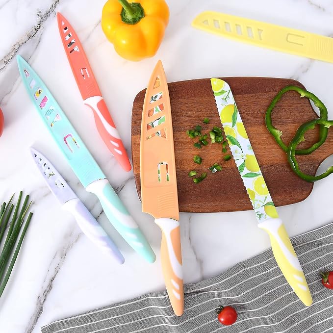 UPTRUST 10-piece Stainless Steel Kitchen Knife Set, Nonstick Coated with 5 Blade Guard, Multicolored Knives Set Gift for Mom