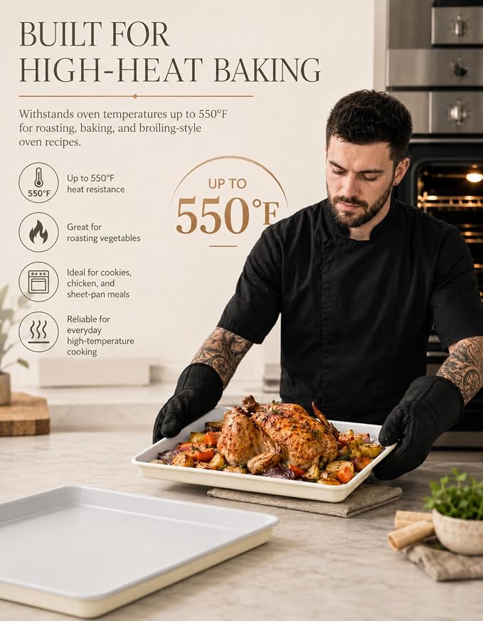Ceramic Baking Sheet Half Size 17"x11" - Heavy Duty 0.6mm Aluminized Steel Pan, KFCC Ceramic Nonstick Cookie Sheet, Oven Safe to 550°F, Rustproof & Warp Resistant Baking Tray (2PCS)