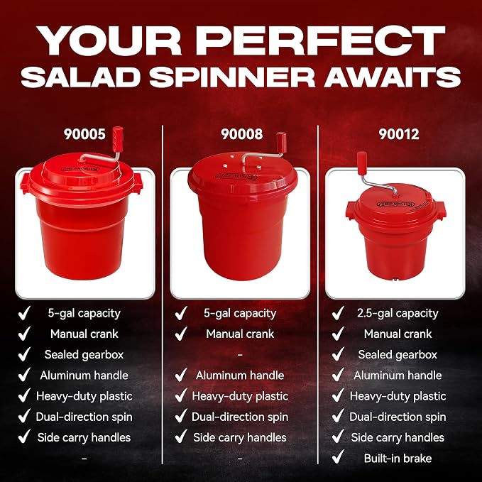 5 Gallon Chef Master Commercial Salad Spinner Dryer – Hand Powered Manual Lettuce Spinner and Fruit Washer Bowl w/ Strainer - Sealed Gearbox, Built In Brake System - Durable Spinner Mechanism - 90005