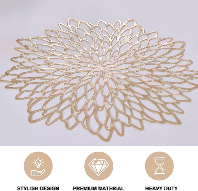 Snowkingdom Pack of 8 Gold Metallic Round Placemats Bulk Round Pressed Vinyl Leaf Dinning Kitchen Table Mats Decoration for Christmas Wedding Thanksgiving Party