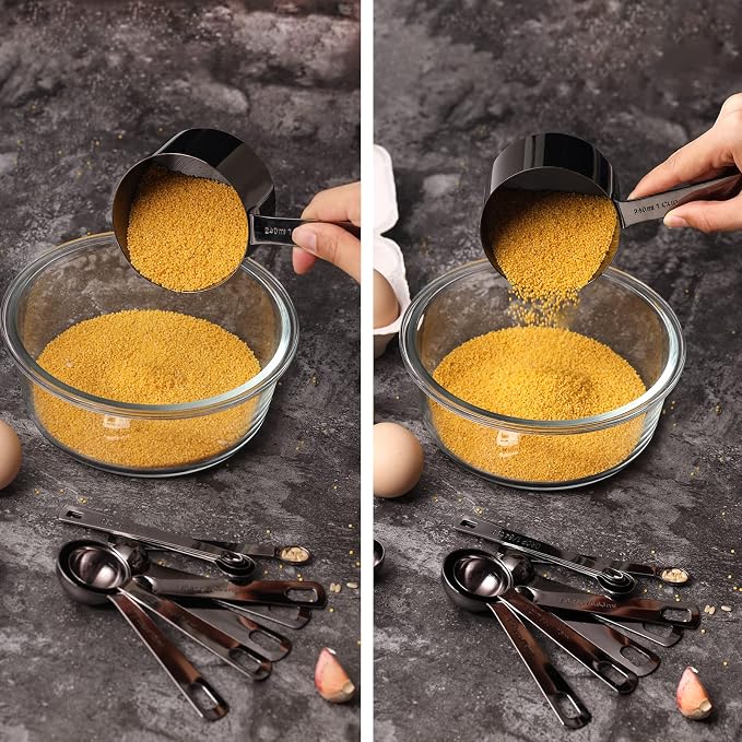 16 Pcs Stainless Steel Measuring Cups & Spoons Set, Black | Heavy Duty Metal, 5 Cups, 6 Tbsp Tsp Spoons, 5 Mini Spoons, For Kitchen Cooking Baking