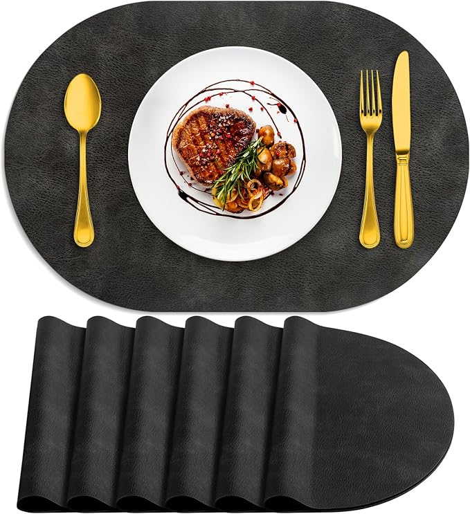 ADRIMER Placemats, Heat Resistant Oval Placemats Set of 6 Washable 12 x 17 Inch, Waterproof Table Mats, Wipeable Pu Place Mats for Kitchen, Dark Grey