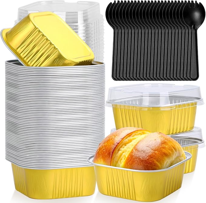 selizo 60 Pack 5oz Mini Disposable Cake Pans with Lids, Aluminum Foil Square Baking Cups, 3.5x3.5 Small Baking Cake Tins Cup Cake Containers with Lids for Individual Cakes