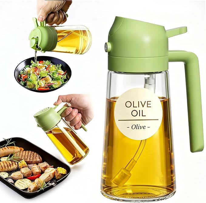 Pure Future 2-in-1 Olive Oil Sprayer for Cooking - 16oz/470ml Glass Oil Dispenser Bottle with Portion Control, Refillable Mister for Air Fryer, BBQ, Salad, Grilling, Food-Grade & BPA-Free (Green)