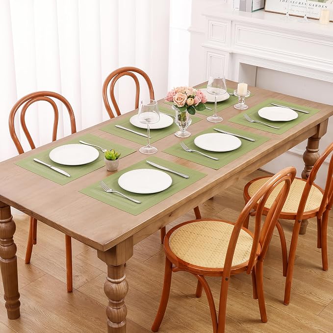 SHACOS Woven Vinyl Placemats Set of 6 Wipe Clean Place Mats for Dining Table Heat Resistant PVC Weave Table Mats Indoor Outdoor (6, Frame Olive Green)