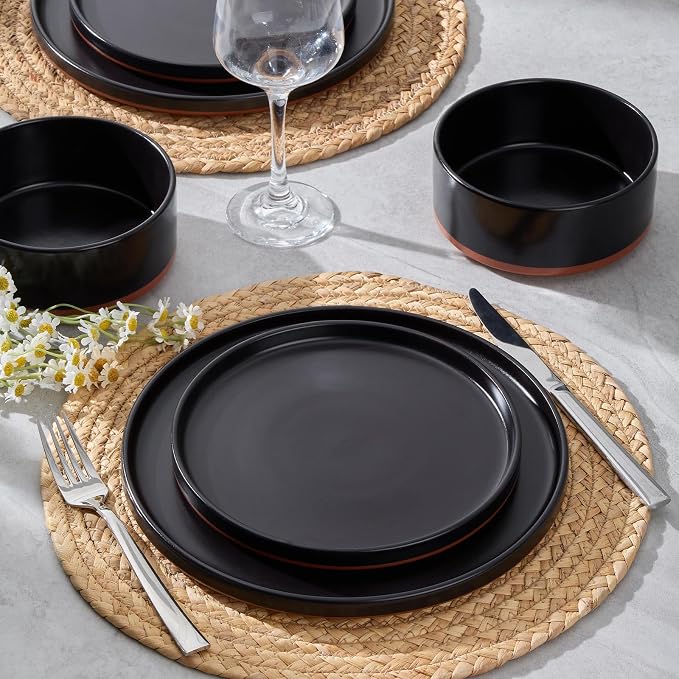 LIANYU 24 Piece Dinnerware Set for 8, Modern Style Stoneware Dinnerware Set | Scratch Resistant, Dishwasher Safe Bowl and Plate Sets, Ceramic Dish Dinner Set, Charcoal Black