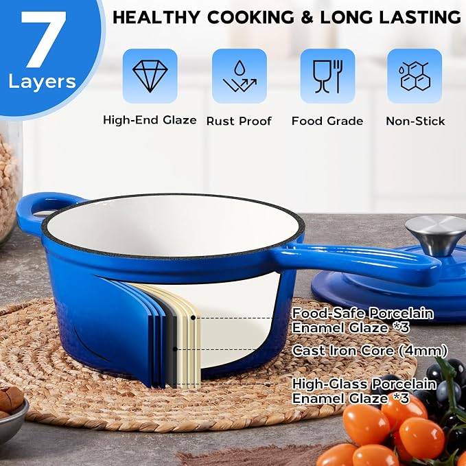 Onader 2 Quart Enameled Cast Iron Saucepan, Small Cast Iron Sauce Pan Pot for Cooking, Enamel Dutch Oven Kitchen Pot – Deep Blue