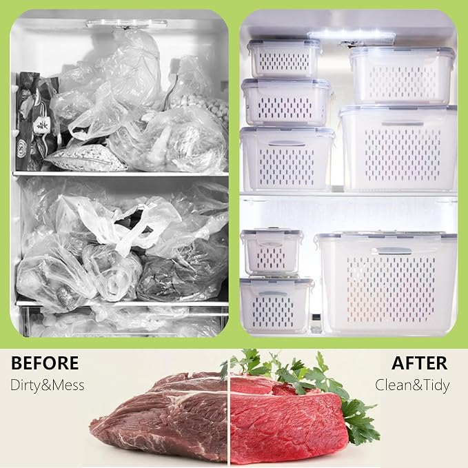 5 Pack Fruit Storage Containers for Fridge,Produce Container for Fridge with Removable Colanders,Leakproof Refrigerator Organizers and Storage for Produce Berry Vegetable Salad Meat Food Keep Fresh