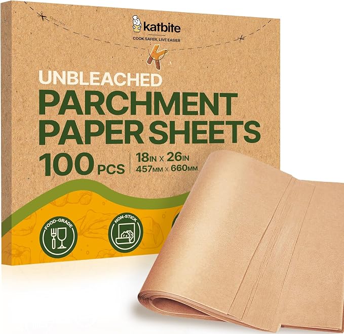 Katbite 100 Pcs Parchment Paper Baking Sheets, 18x26 Inch, Heavy Duty | Unbleached precut Non-Stick full sheet paper, ideal for ovens, cooking, grilling and air fryers