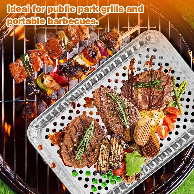 CYEAH 16 x 12 in Large Aluminum Foil Grill Topper Pans, 20 Pcs BBQ Grill Topper Pan with Holes, Non Viscous Aluminum Foil BBQ Grilling Tray for Cooking & Camping, No Clean Up Required