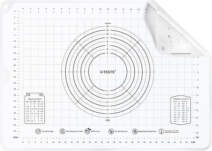 U-Taste Silicone Pastry Mat, Dough Rolling Baking Sheet, 28x20"/Transparent | Food-Grade Liquid Silicone, Non-Stick Non-Slip, Baking Supplies for Pizza Cookie Pie Crust, Clear Measurement & Raised Edges