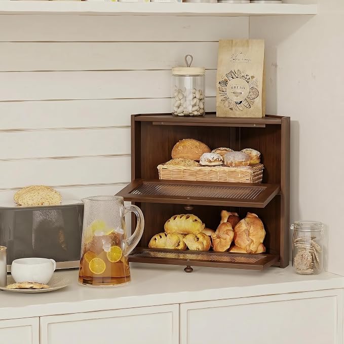 BAMBANG Corner Bread Box for Kitchen Countertop, Double Layer Bamboo Bread Storage Container with Wavy Windows, Farmhouse Large Bread Bin, Wooden Breadbox Holder for Homemade Bread (Brown)