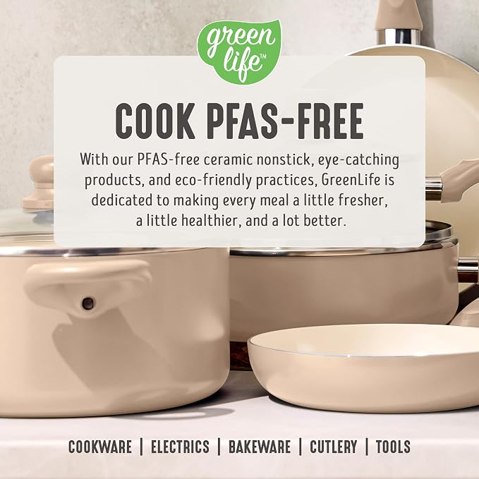 GreenLife 2QT Ceramic Nonstick Saucepan with Lid, Beige Taupe | PFAS-Free Ceramic Nonstick Coating, Soup Pot, Induction Ready, All Stovetop Compatible, Stay-Cool Handles, Dishwasher Safe