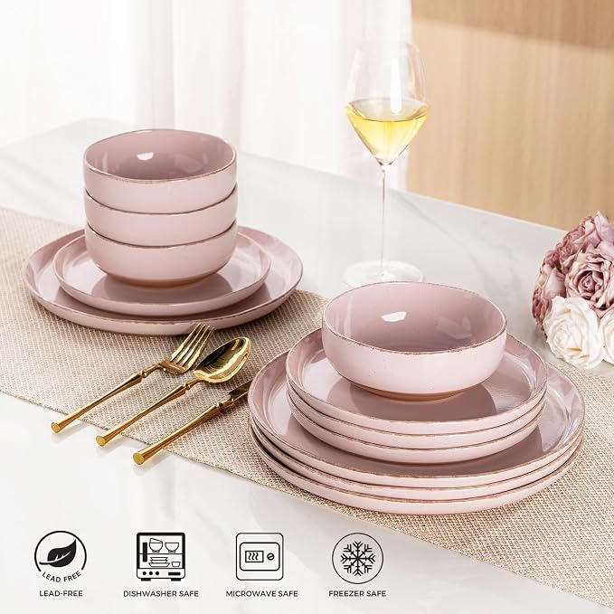 AmorArc Dinnerware Sets for 4, 12 Pieces Ceramic Plates and Bowls Set | Scratch Resistant Stoneware Dishes Set, Dishwasher & Microwave Safe, Cloud Pink