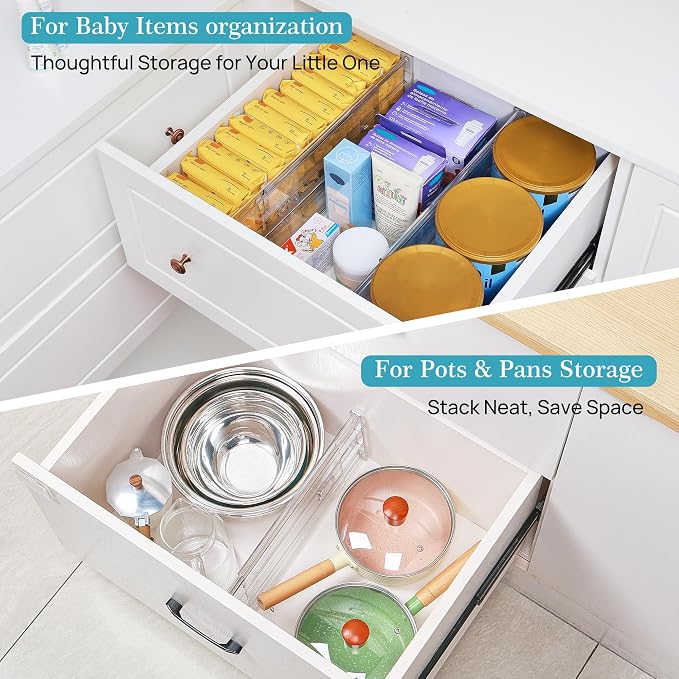 Vtopmart 6" Tall Upgrade Drawer Dividers, 12.8"-22.3" Expandable, 8 Pack | Deep Drawer Organizer, Big Drawer Separator, Clear plastic Adjustable Storage Divider for Dresser, Baby Supplies, Kitchenware