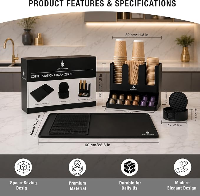 Coffee Bar Accessories and Organizer with Heat-Resistant Silicone Mat – Coffee Station Organizer 7-Piece Kit, Coffee Cup Organizer for Countertop or Cabinet with Coasters Set | Complete 7-Piece Coffee Station Bundle – Cup Organizer, Silicone Mat & 4 Ma...