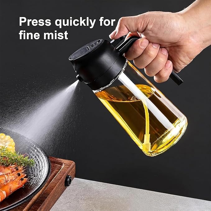 2-in-1 Oil Sprayer and Dispenser for Kitchen- 2 x 16 oz Pack, Never Drip Design, Precise Oil Control for Air Fryer, Roasting, Grilling, Barbecue and Salad. (Black, Green)