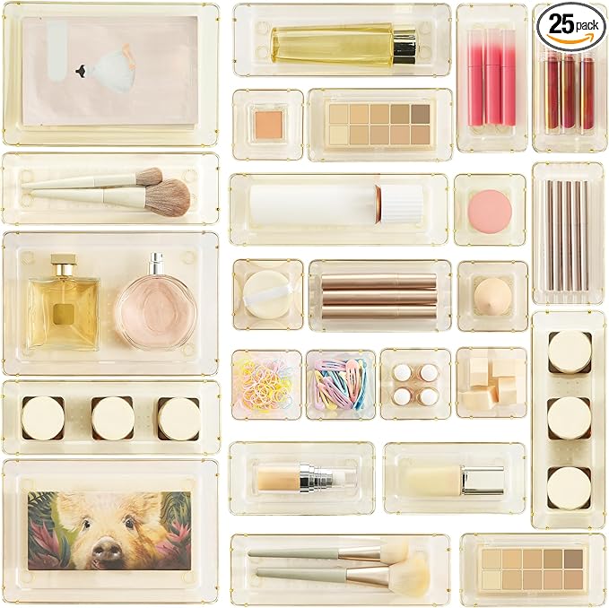 Vtopmart 25 Pack Plastic Drawer Organizers with Non-slip Rubber Pads | 4-Size Versatile Makeup Organizer, Storage Containers Small Bins for Makeup, Jewelries, Bedroom, Kitchen Utensils and Office