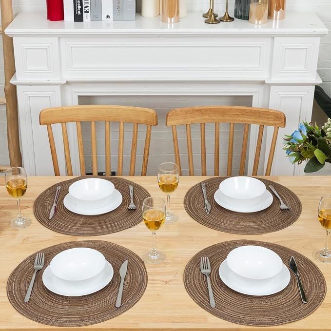 Winknowl Round Braided Placemats Set of 8 Washable Woven Heat Resistant Table Mats for Kitchen Dining Tables 15 inch Round Place Mats (Brown,8)