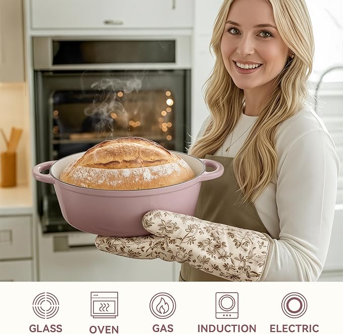 Oval Dutch Oven for Bread Baking, 4.5 Quart Non Stick Enameled Cast Iron Dutch Oven Pot with Lid, Oven Safe Oval Casserole with Lid up to 500°F for Baking, Braising, Stews, Roasting, Pink