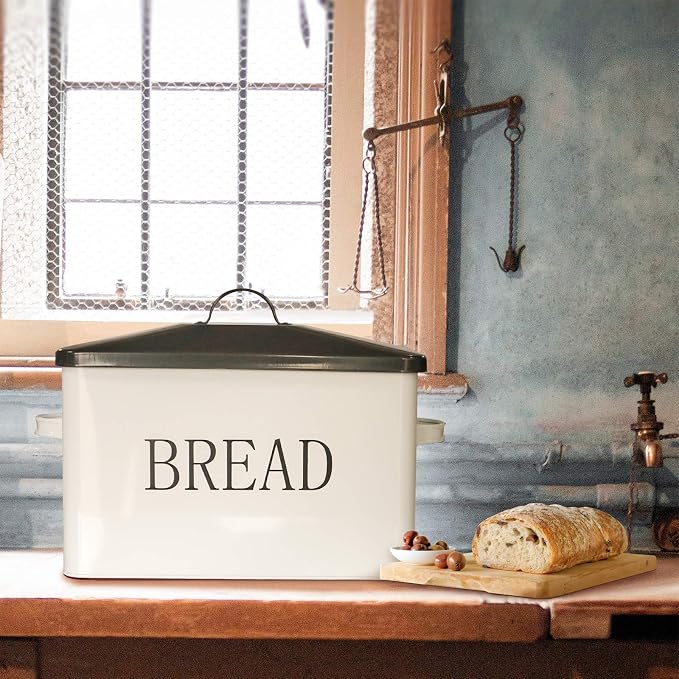 SOTECH Metal Bread Box with Lid for Kitchen Countertop Large Bread Bin kitchen Bread Food Snacks Storage Container Farmhouse BreadBox Grey Lid White Body with Side Handles
